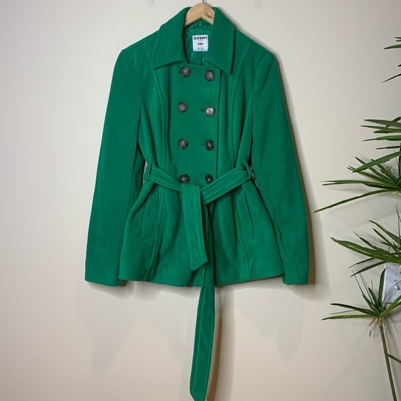 Old Navy | Kelly Green Fleece Satin Lined Button Down Belted Pea Coat M - Picture 1 of 17